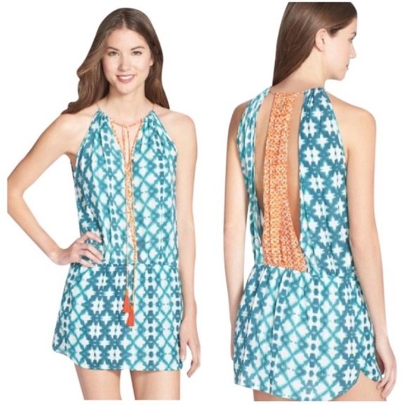 Sofia By Vix Swim Boho Coverup Beach Dress Aqua Orange Sz S